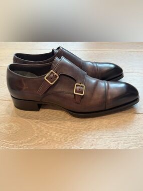 100% Authentic Tom Ford Burnished Leather Elkan Monk Strap w/ Gold Buckles